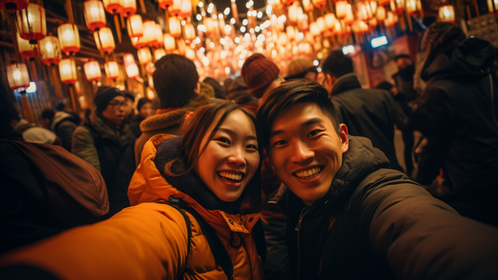 A cheerful couple takes a selfie, basking in the warm glow of the lantern-lit night during the Seoul Lantern Festival.