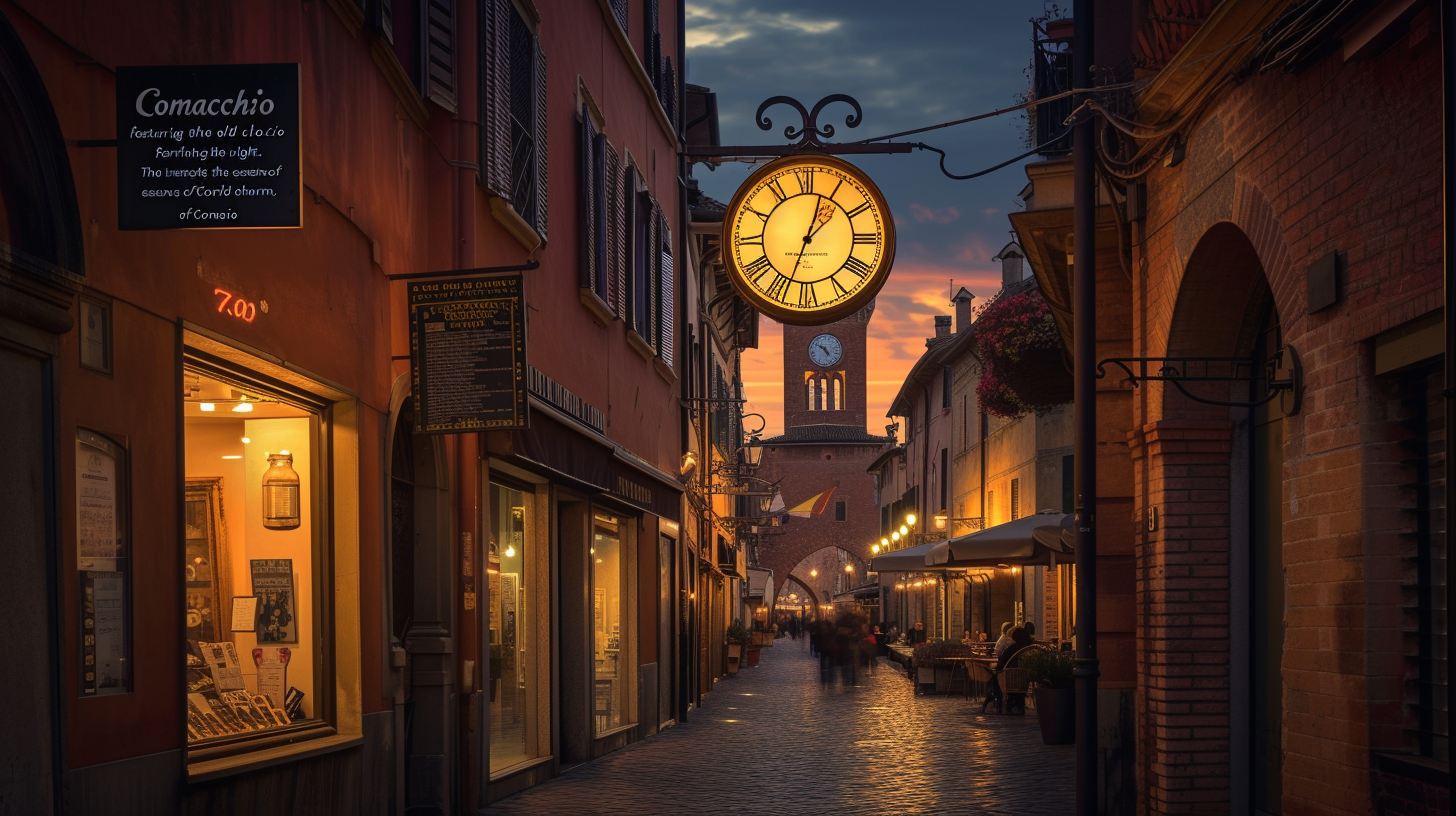 A twilight scene in Comacchio, Italy, featuring the old clock tower striking 7:00 PM, surrounded by warmly lit cobblestone streets, locals enjoying the evening in a serene atmosphere.
