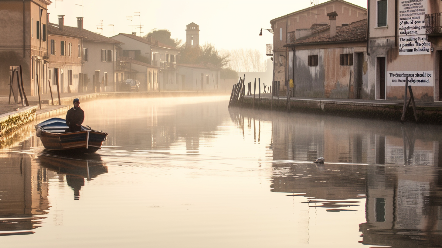 Traditional fisherman in Comacchio, Italy, casting a net from a small boat in a misty canal, with a “padellone” fishing hut in the background, evoking a sense of tranquility and tradition.
