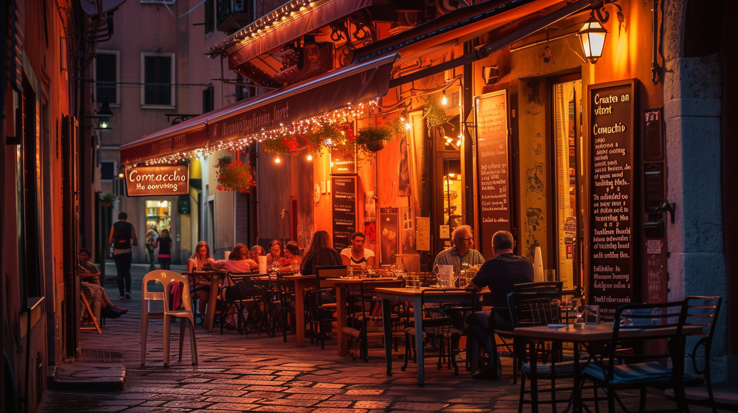 Early evening street scene in Comacchio, Italy, with a bustling trattoria, locals and tourists dining outdoors under string lights, and a waiter serving seafood dishes.