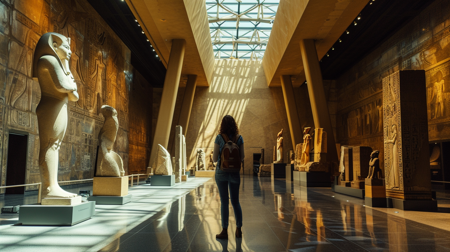 A visitor in awe inside the Grand Egyptian Museum, admiring ancient artifacts, showcasing the modern architecture of the museum.