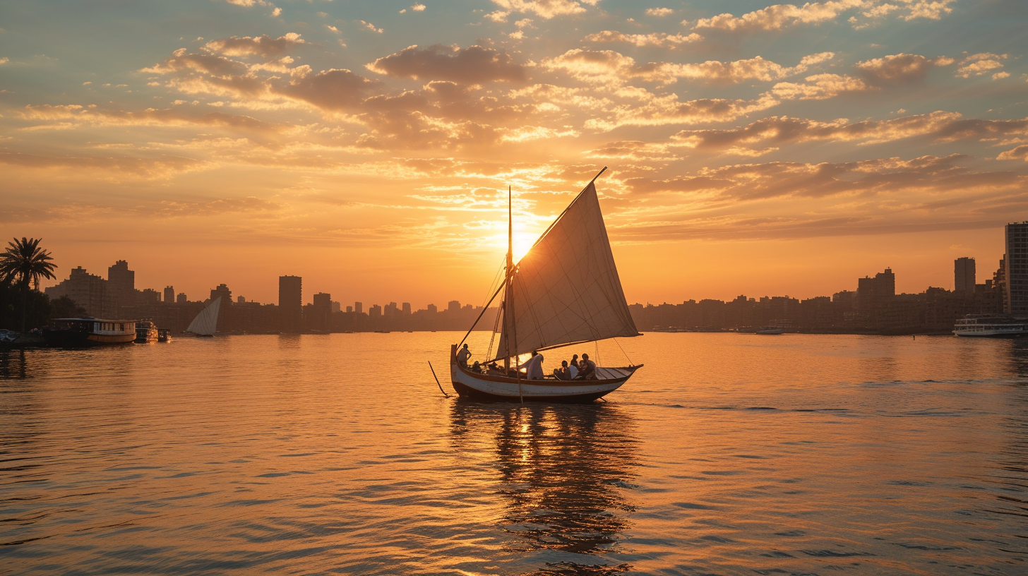 Serene sunset cruise on the Nile River with a traditional felucca, passengers enjoying the view against the backdrop of Cairo's skyline.