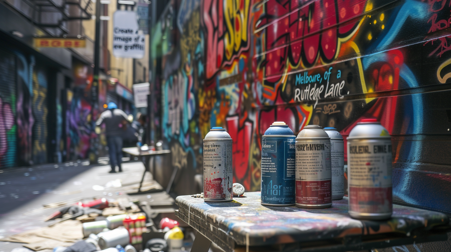 In the background, a street artist in Melbourne's Rutledge Lane intently working on a vibrant graffiti piece, surrounded by an array of spray paint cans.