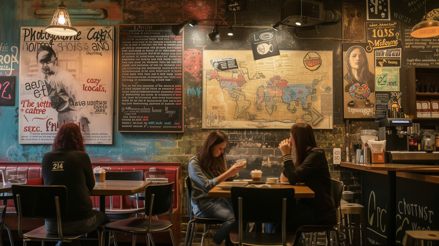 Warm and inviting interior of a street art-inspired Melbourne café, with patrons engaged in conversations about street art, featuring art-themed décor and a map of local art spots.
