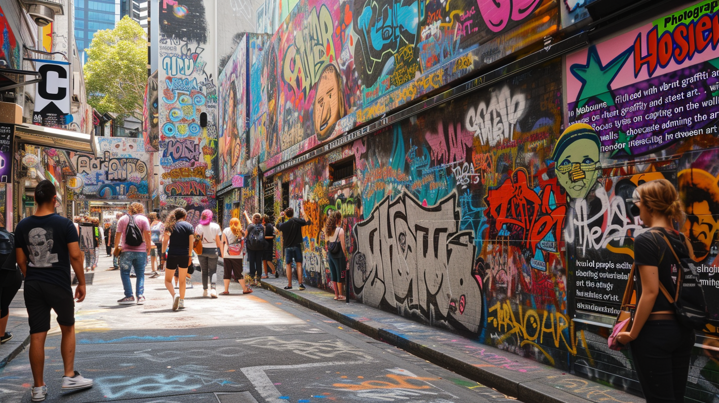 Dynamic scene of Hosier Lane in Melbourne’s street art, bustling with artists and visitors, surrounded by a kaleidoscope of graffiti and street art.