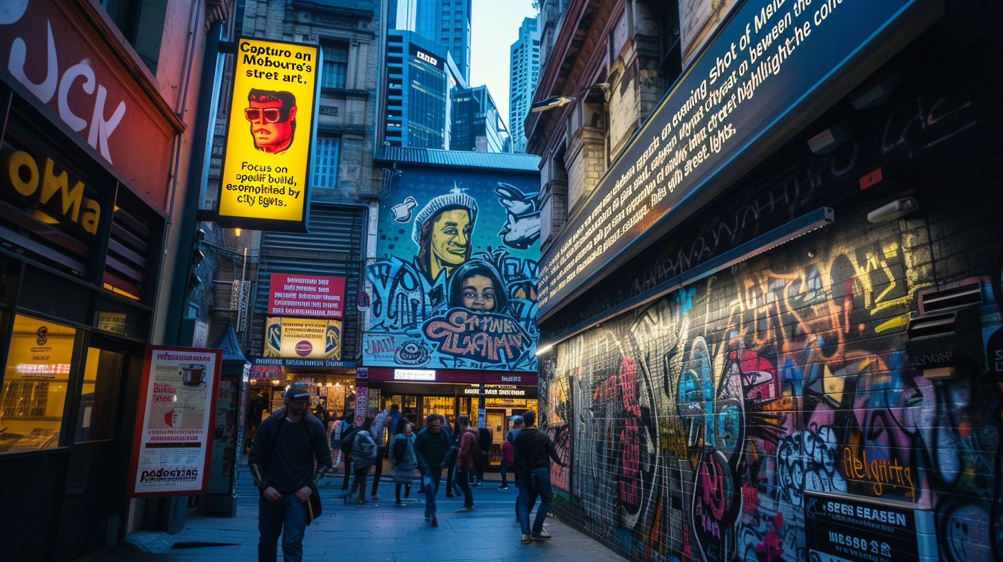 Evening view of Melbourne's cityscape showing a harmonious blend of historic architecture and illuminated modern street art, with city dwellers walking by.