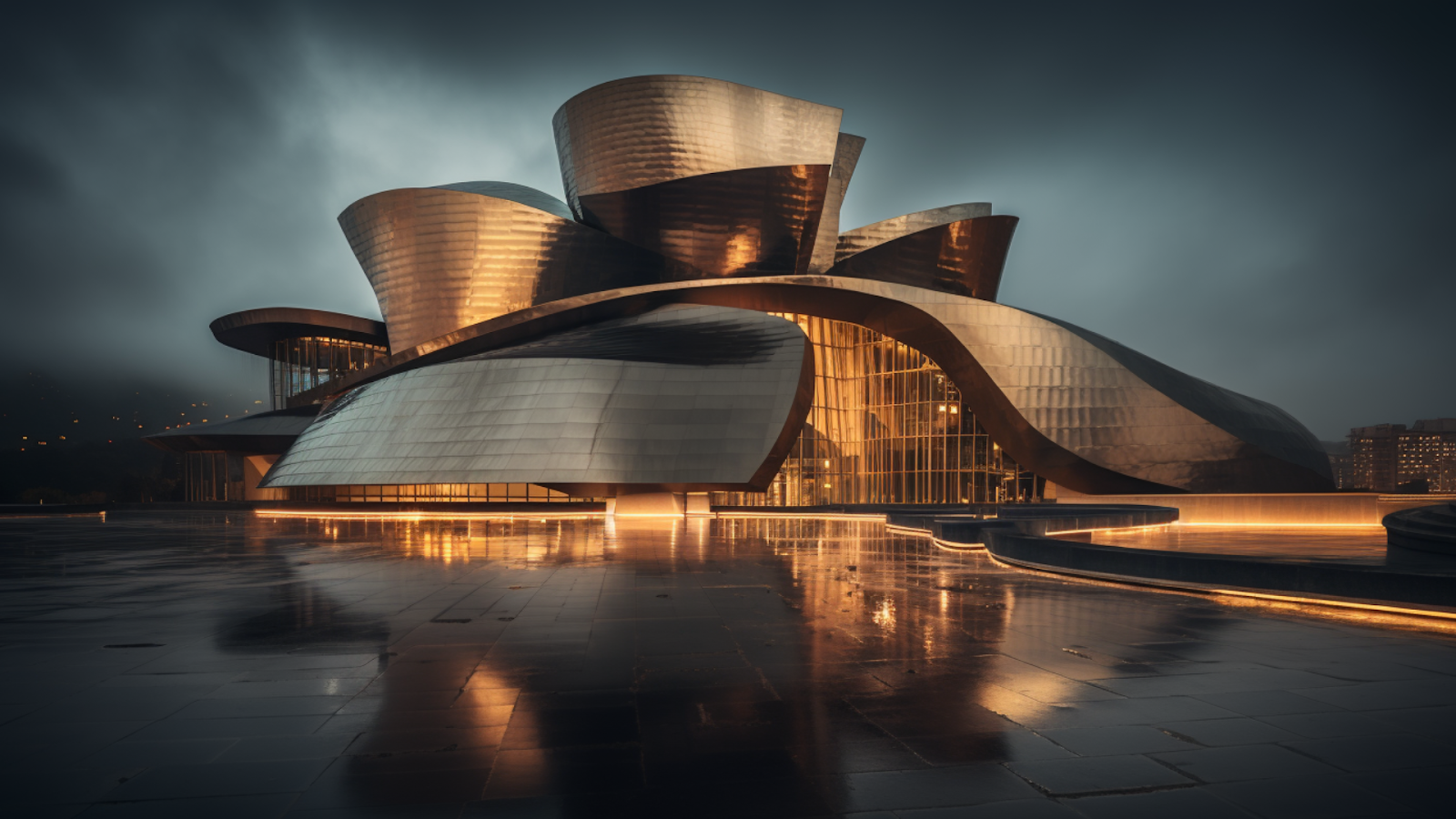 The futuristic architecture of the Guggenheim Museum Bilbao in Spain, showcasing innovative design under a moody sky.