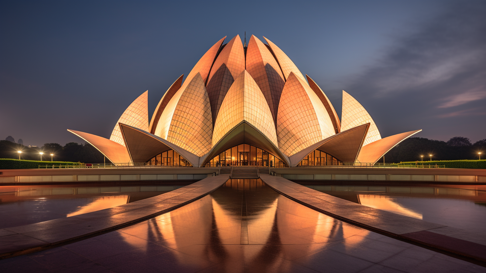 The Lotus Temple in New Delhi, India, under the twilight, representing innovative architecture with its petal-like structure.