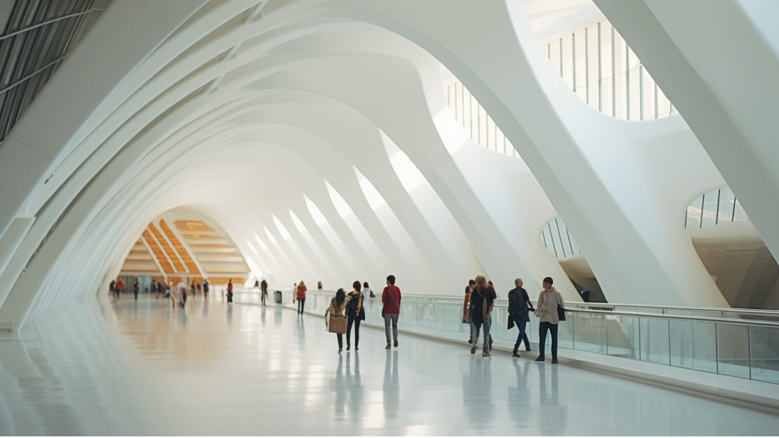Visitors walking through the white, bone-like corridors inside Valencia's City of Arts and Sciences.