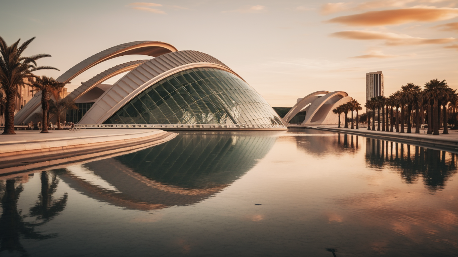 Sunset view of the futuristic architecture at the City of Arts and Sciences in Valencia, Spain, reflecting in still waters.