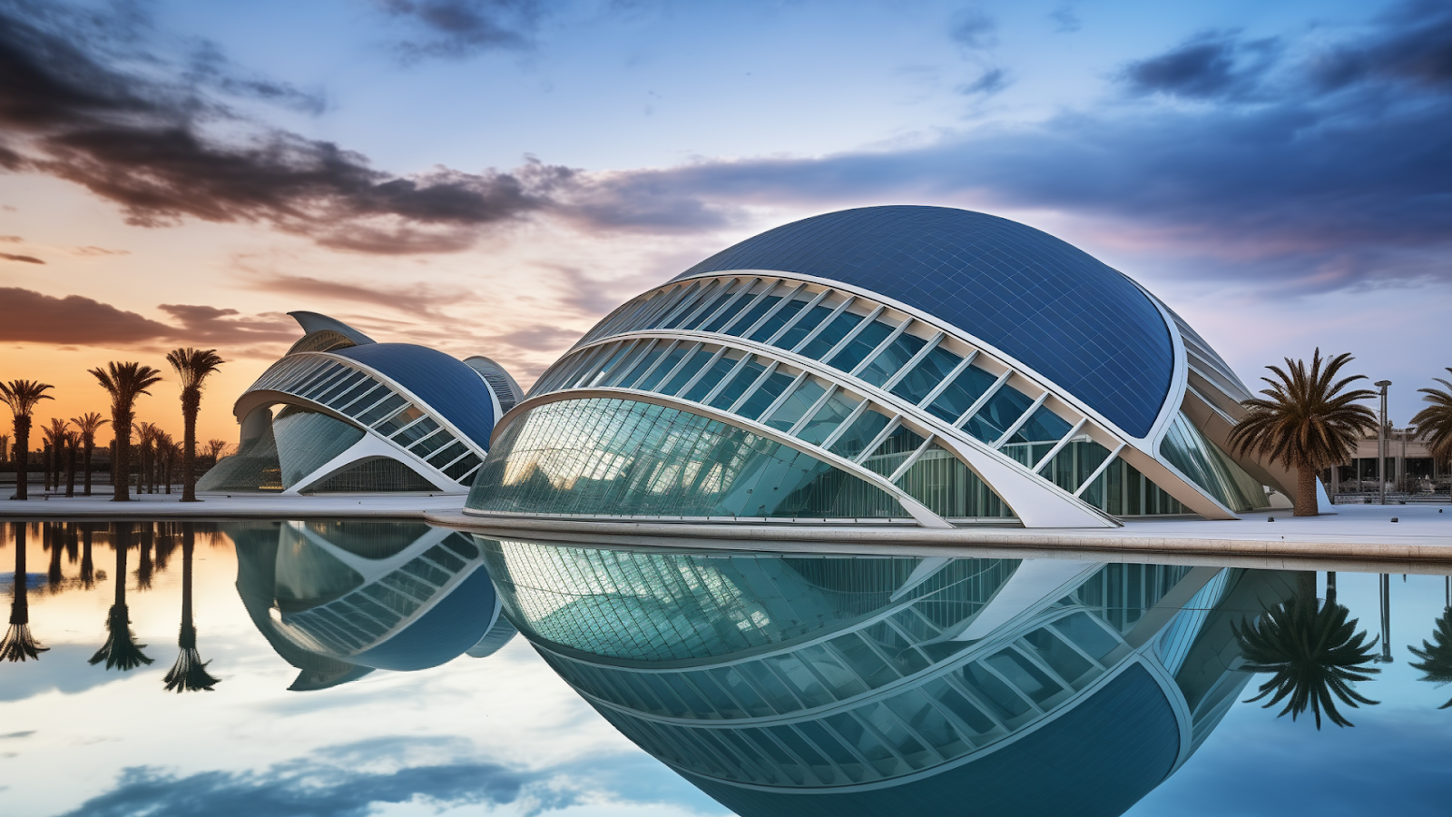 Twilight over the City of Arts and Sciences in Valencia, showcasing the stunning reflection of its avant-garde buildings.