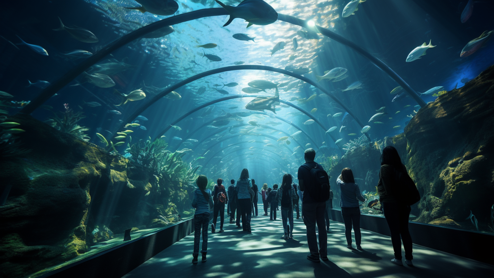 Spectators immersed in the underwater viewing tunnel at the Oceanogràfic aquarium in the City of Arts and Sciences in Valencia, Spain.