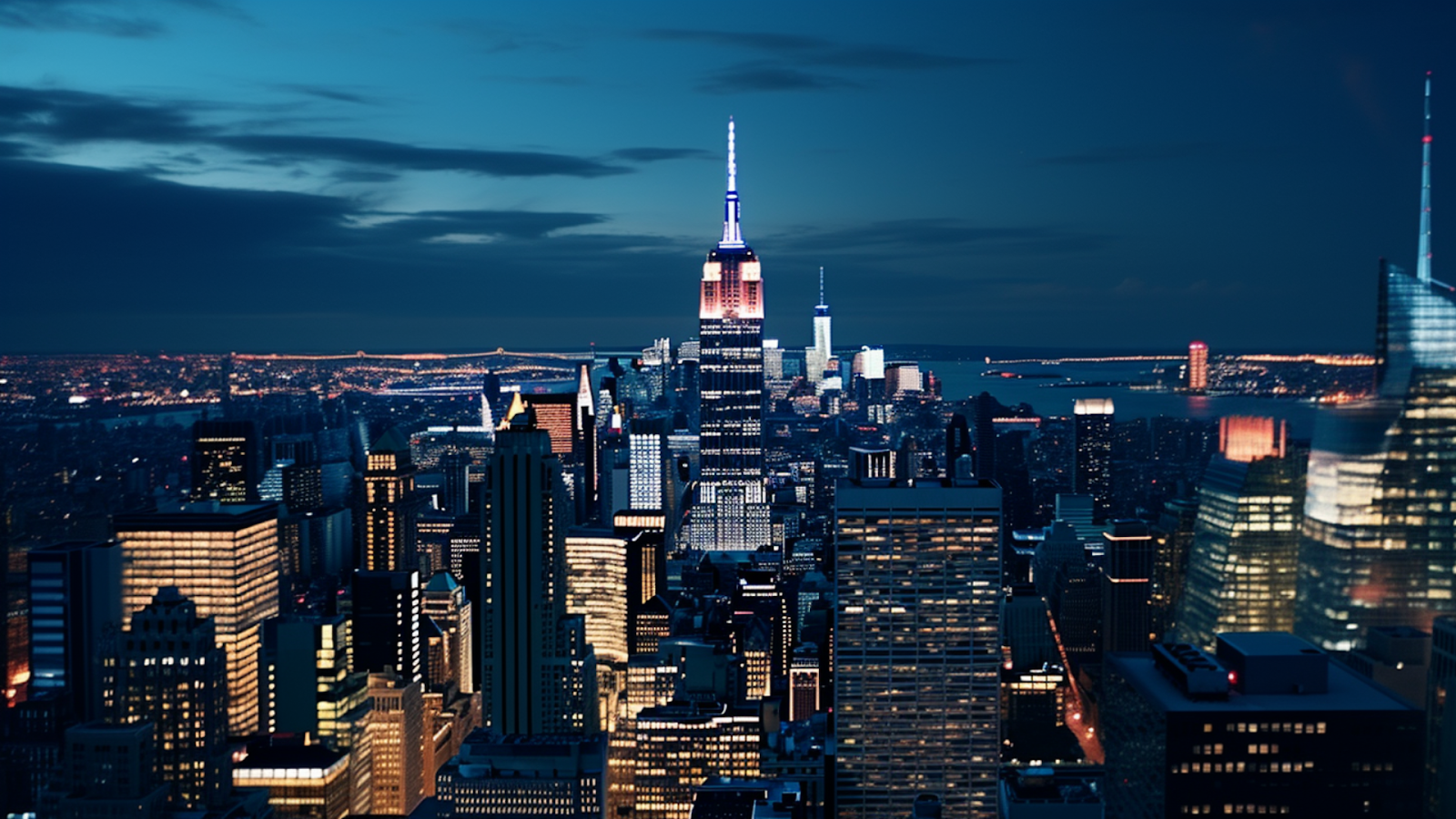 The Empire State Building illuminated against the New York City lights at night, showcasing the vibrant nocturnal architectural design.