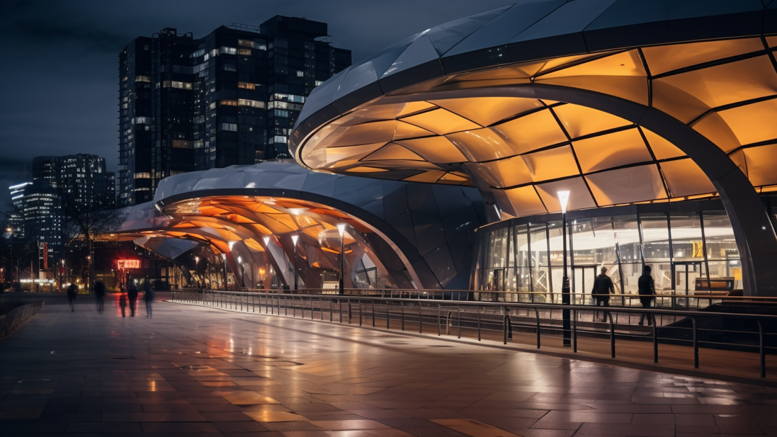 Futuristic urban pavilion in city lights at night, highlighting the innovative architectural design of the 20th century.