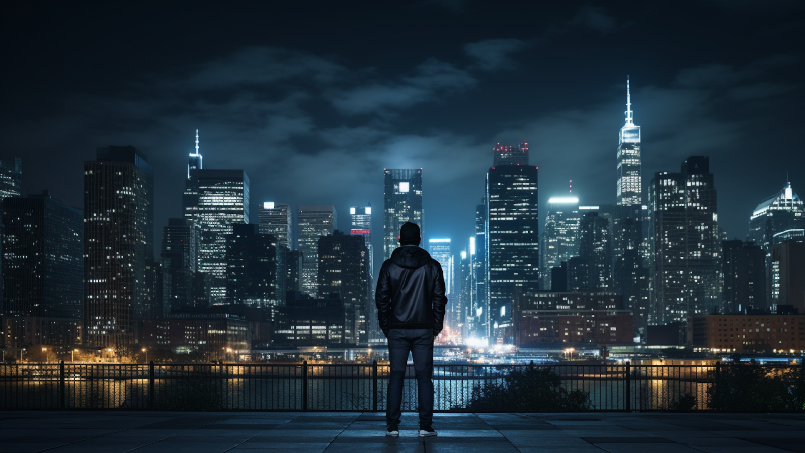 A solo traveler stands before the city lights of Manhattan, marveling at the architectural design of the skyline, emphasized by the city's night lights.