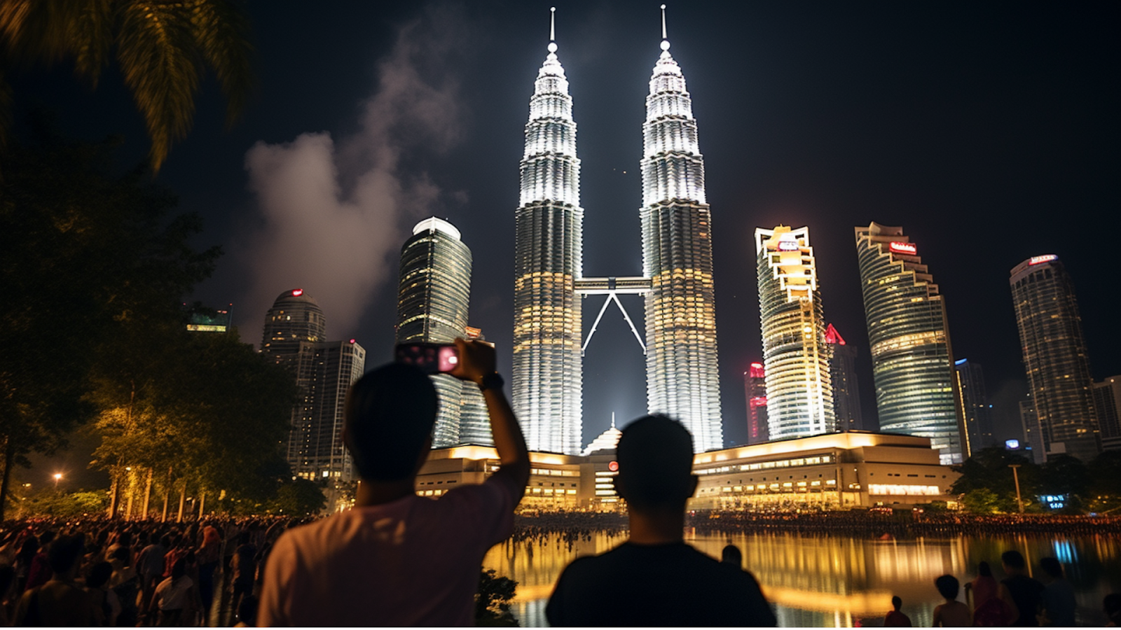 Spectators admire the city lights reflecting off the Petronas Towers at night in Kuala Lumpur, a modern marvel of architectural design.