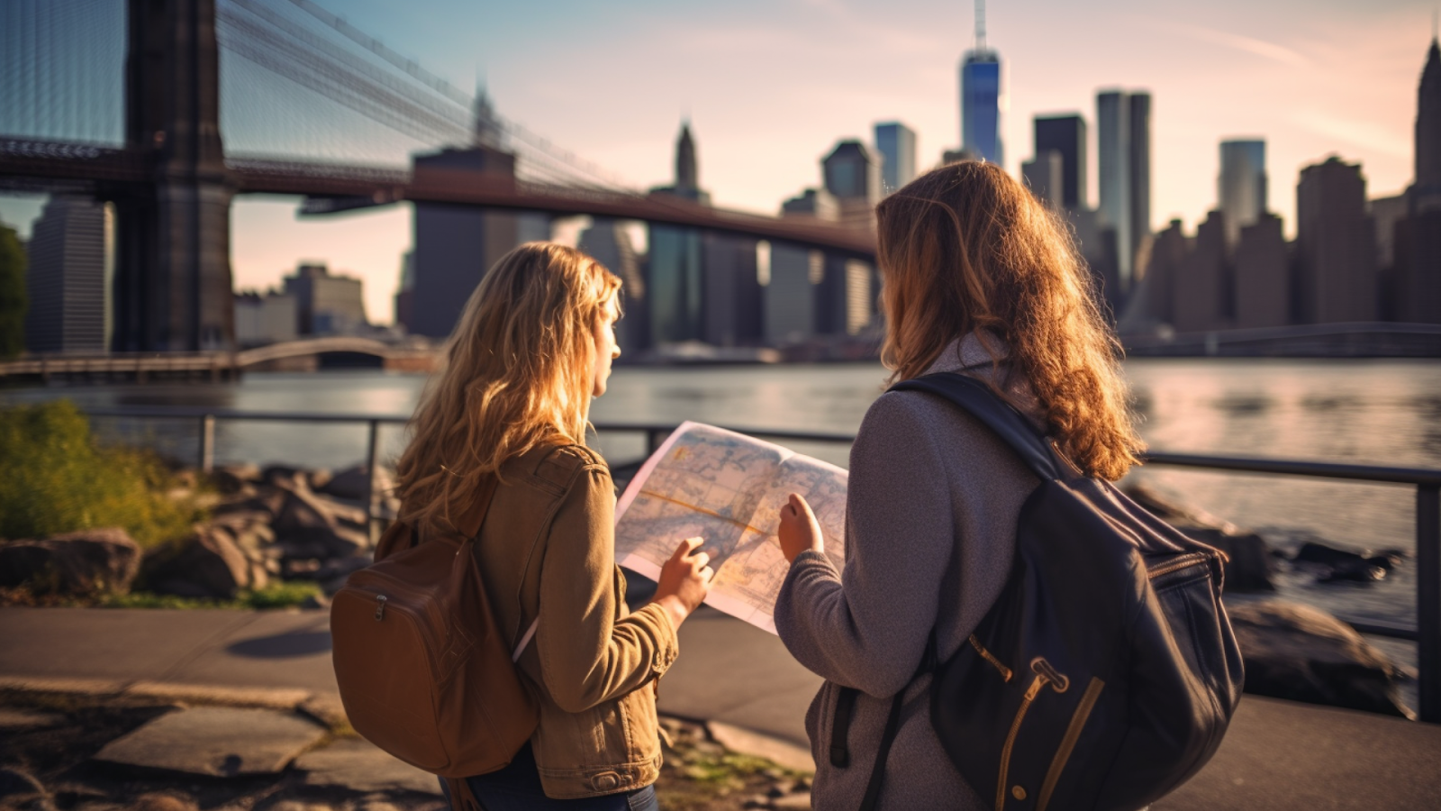 Two travelers consulting a map with the Brooklyn Bridge and Manhattan skyline in the background, in one of the most expensive cities to live in the USA.