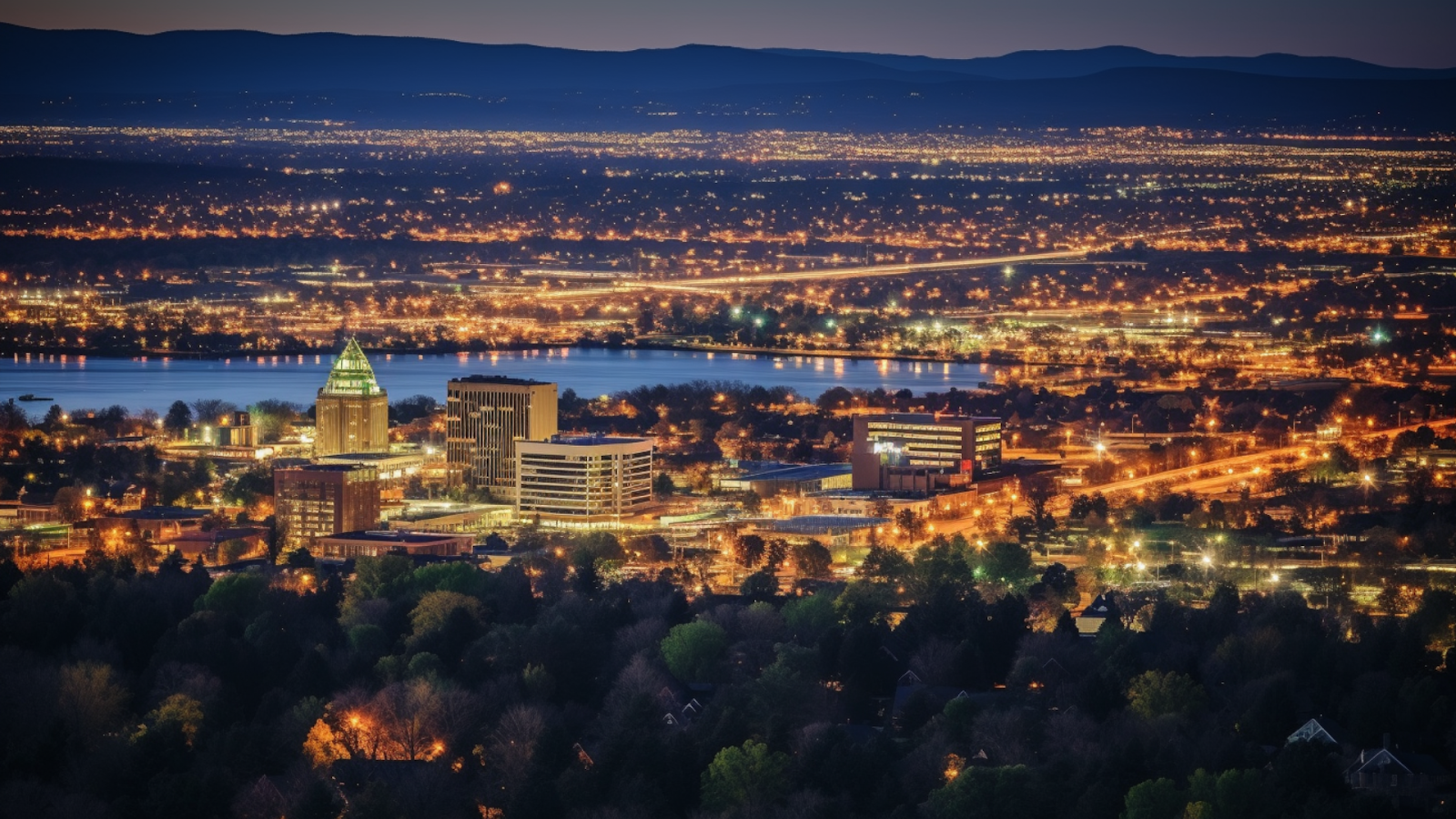 An aerial night view of Huntsville, Alabama, glowing with lights, showcasing its status as one of the best cities to live in the USA.