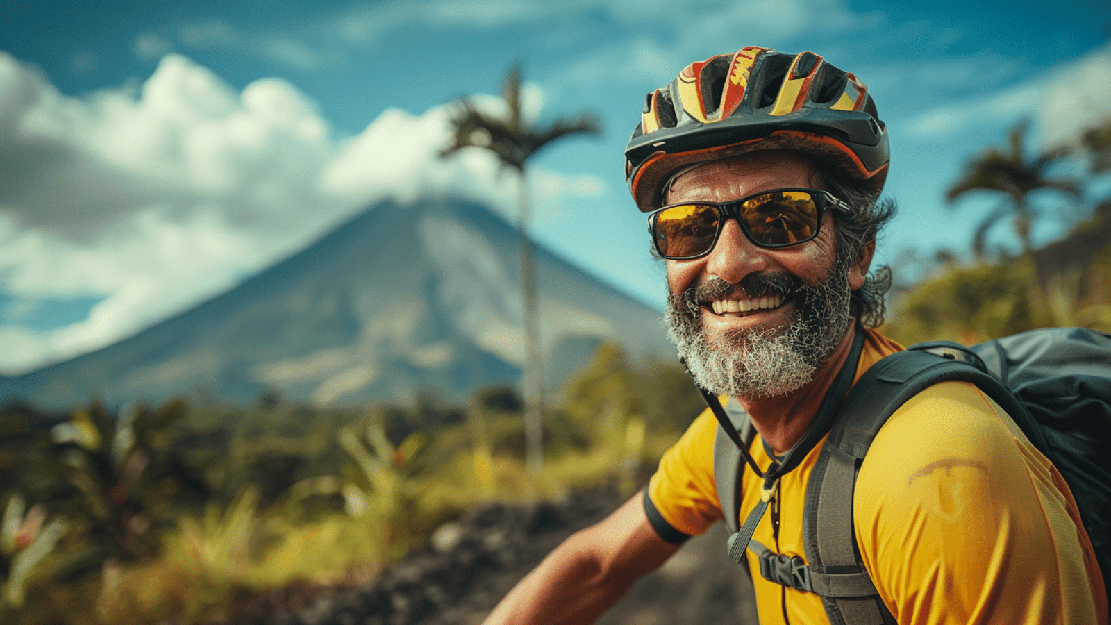 A biker posing for a photo with the Arenal Volcano in the background