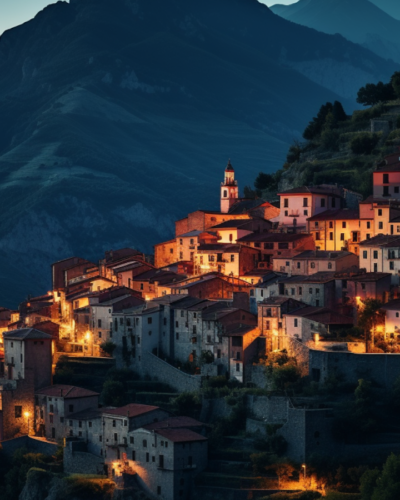 Pietrapertosa, Italy illuminated at dusk, showcasing the unique charm of one of Europe's hidden gems nestled in the Lucanian Dolomites.
