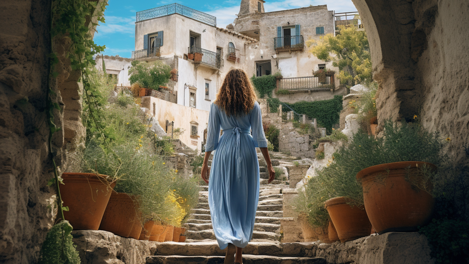 A woman ascending the ancient stairways of Matera, Italy, exploring the timeless beauty of this off-beat European travel recommendation.