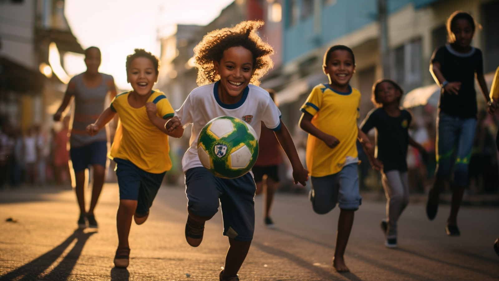 Joyful children dash through an urban street in Brazil, a football at their feet, depicting the grassroots love for football in Brazil.