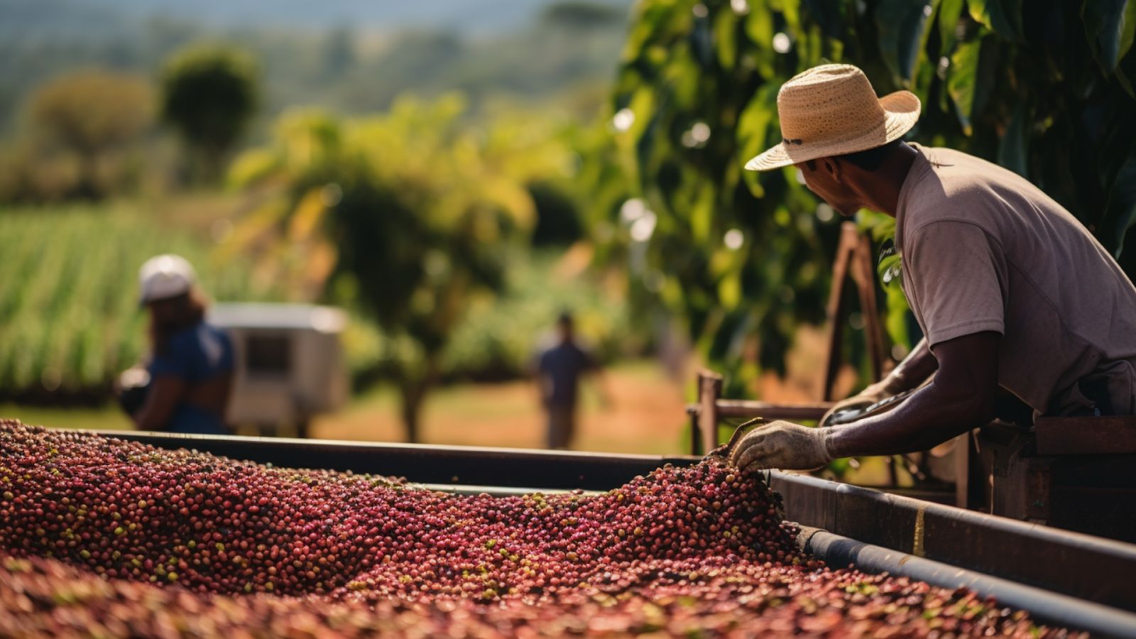 A worker meticulously sorts through a rich bounty of red coffee berries, showcasing the hands-on approach to Brazil coffee production.