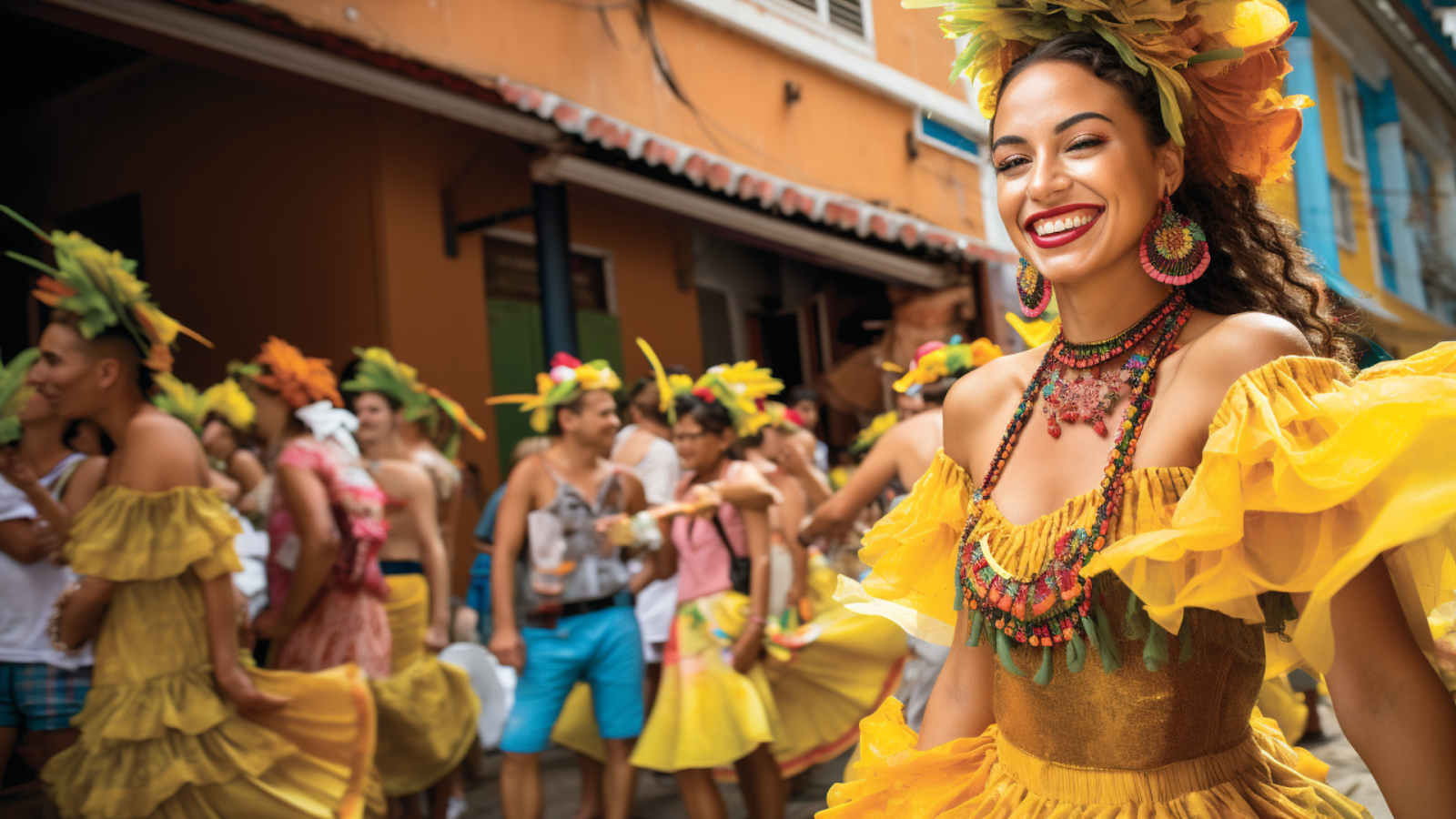 A radiant woman in yellow traditional attire celebrates with a crowd at a Brazilian Samba festival, embodying the joyful spirit of Brazilian culture.