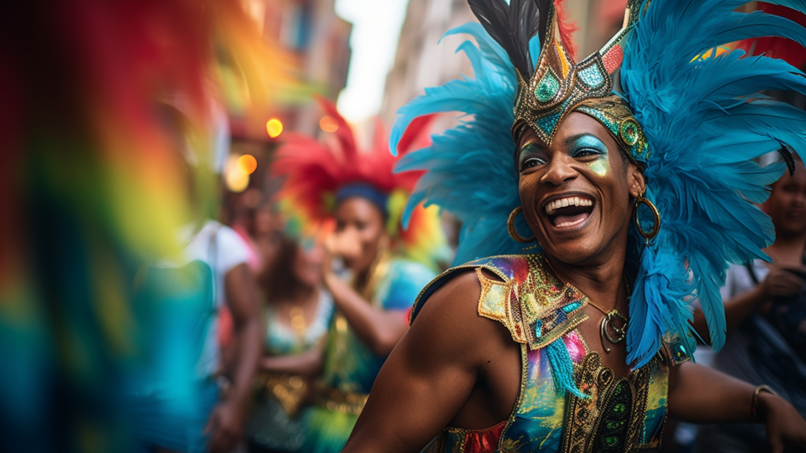 A performer in vibrant Carnival costume laughs heartily, capturing the exuberance of the Brazilian Samba spirit in the streets of Rio.