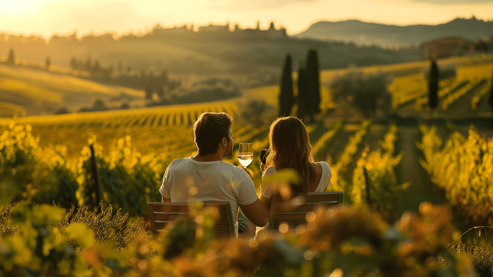 A man and a woman drinking wine at a vineyard