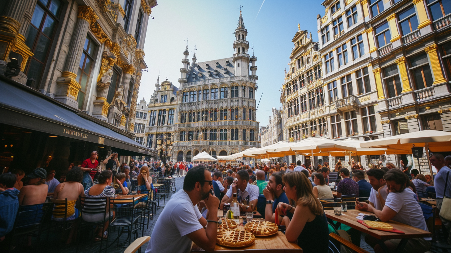 Tourists and locals enjoying Belgian waffles in Brussels' Grand Place, with a lively street party and historic architecture.