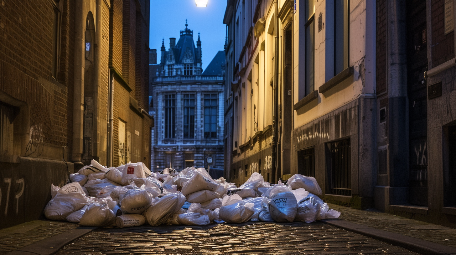 Eerie night scene in Brussels with ghostly piles of plastic bags under streetlights, showcasing another side of the city's nocturnal charm.