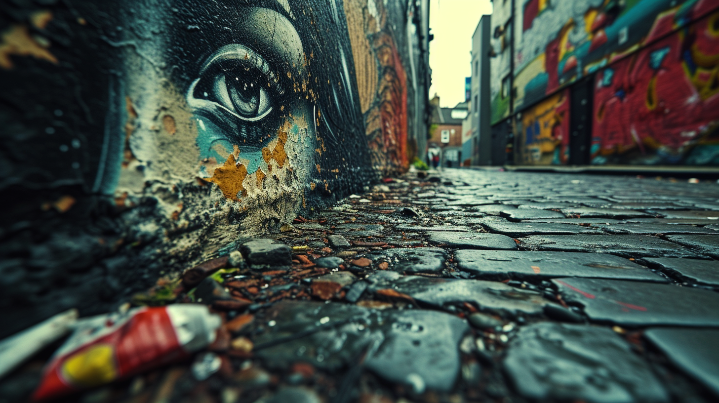 A striking piece of street art adds color to a litter-strewn alley in Dublin, highlighting the contrast between urban beauty and environmental concerns.