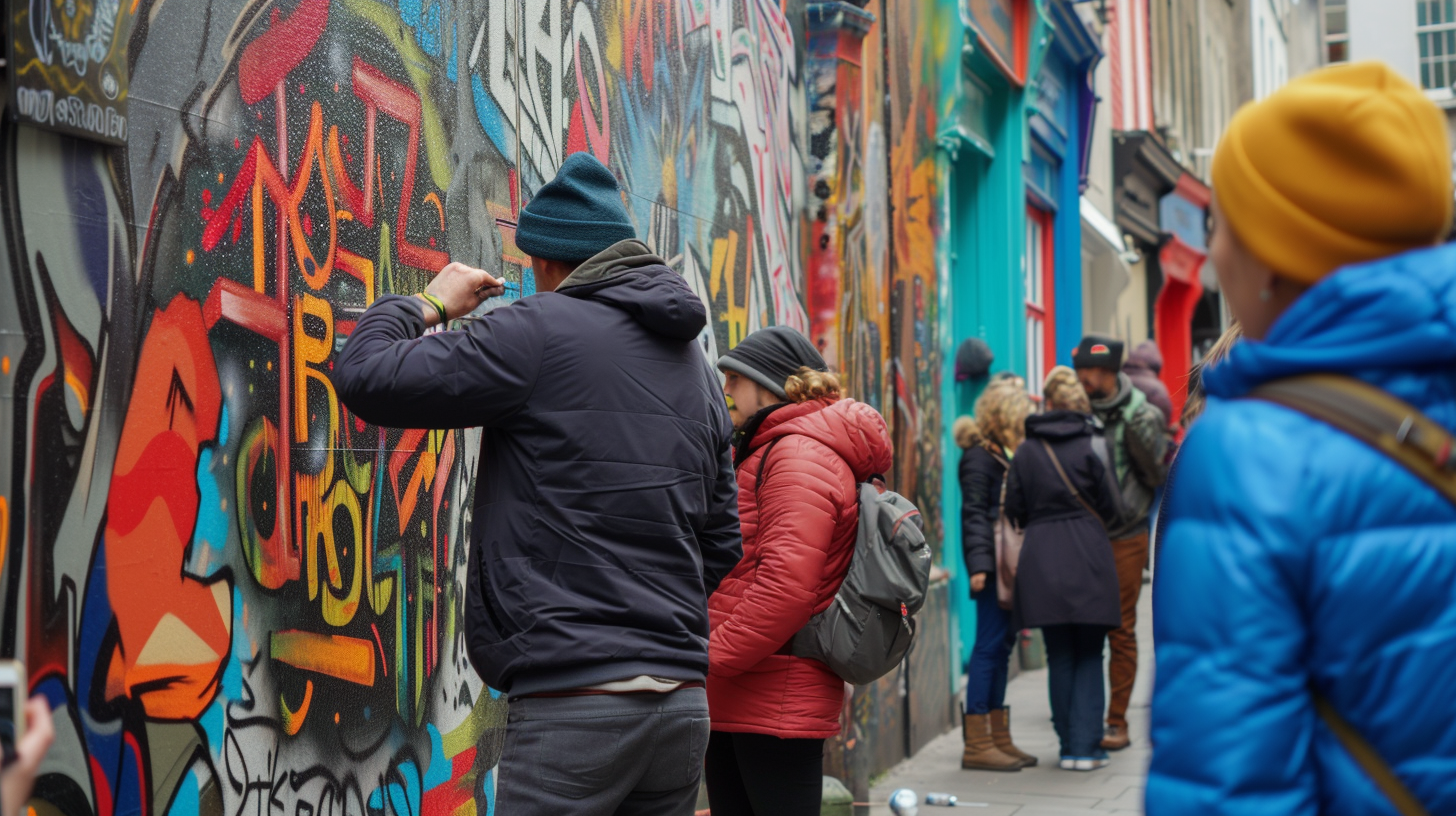 An artist paints a vibrant mural on a historic Dublin building, blending traditional Irish symbols with modern expressions, as intrigued passersby observe and capture the moment.