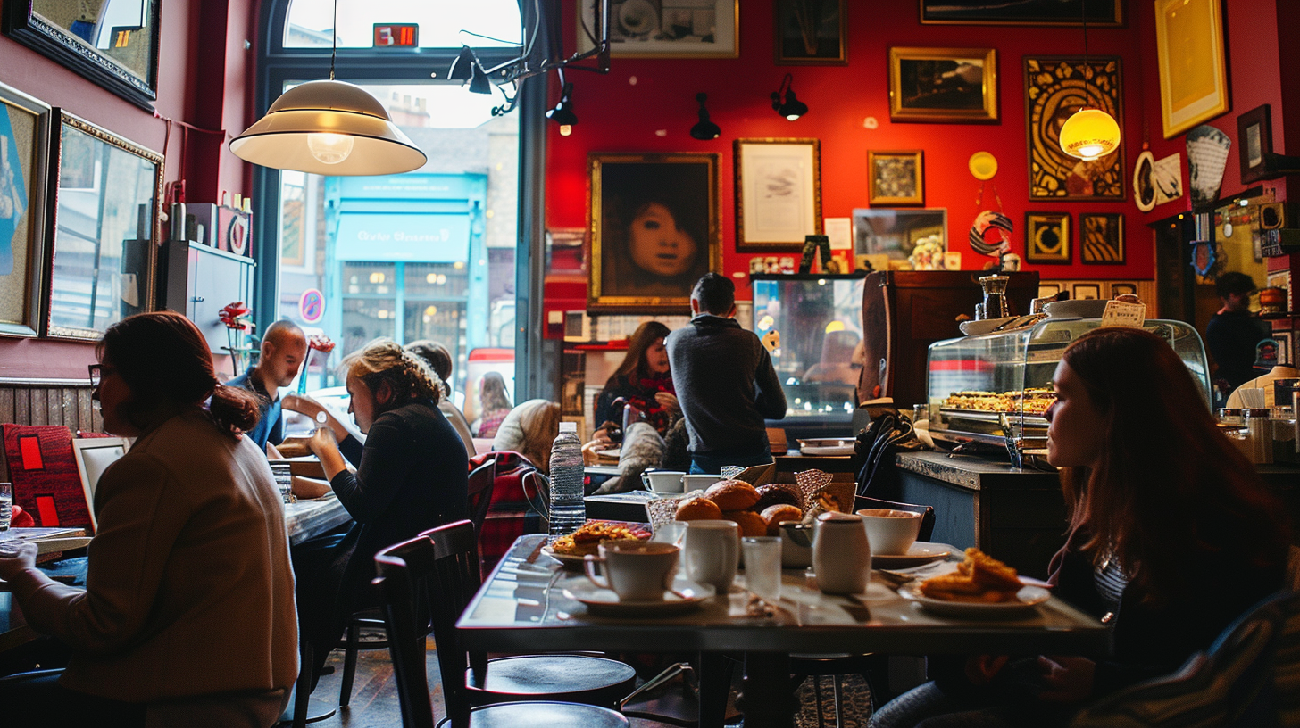  A lively scene inside a Dublin café where patrons enjoy waffles and conversation, surrounded by local art and cultural motifs, epitomizing the city's hospitality and rich cultural tapestry.