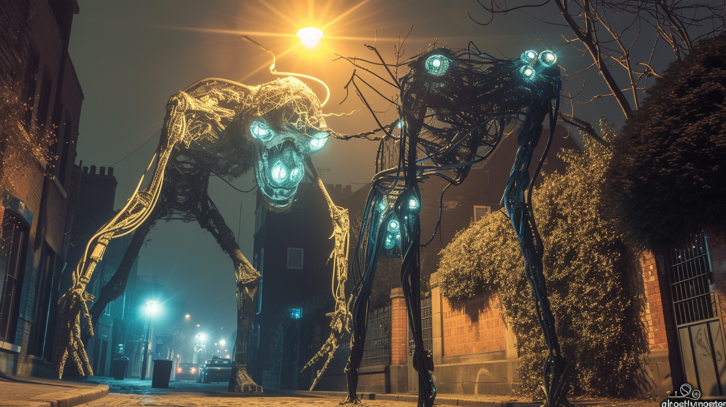 Shadowy sculptures made from recycled materials light up under street lamps in a mysterious Dublin alley at night, showcasing the city’s blend of art, history, and sustainability.