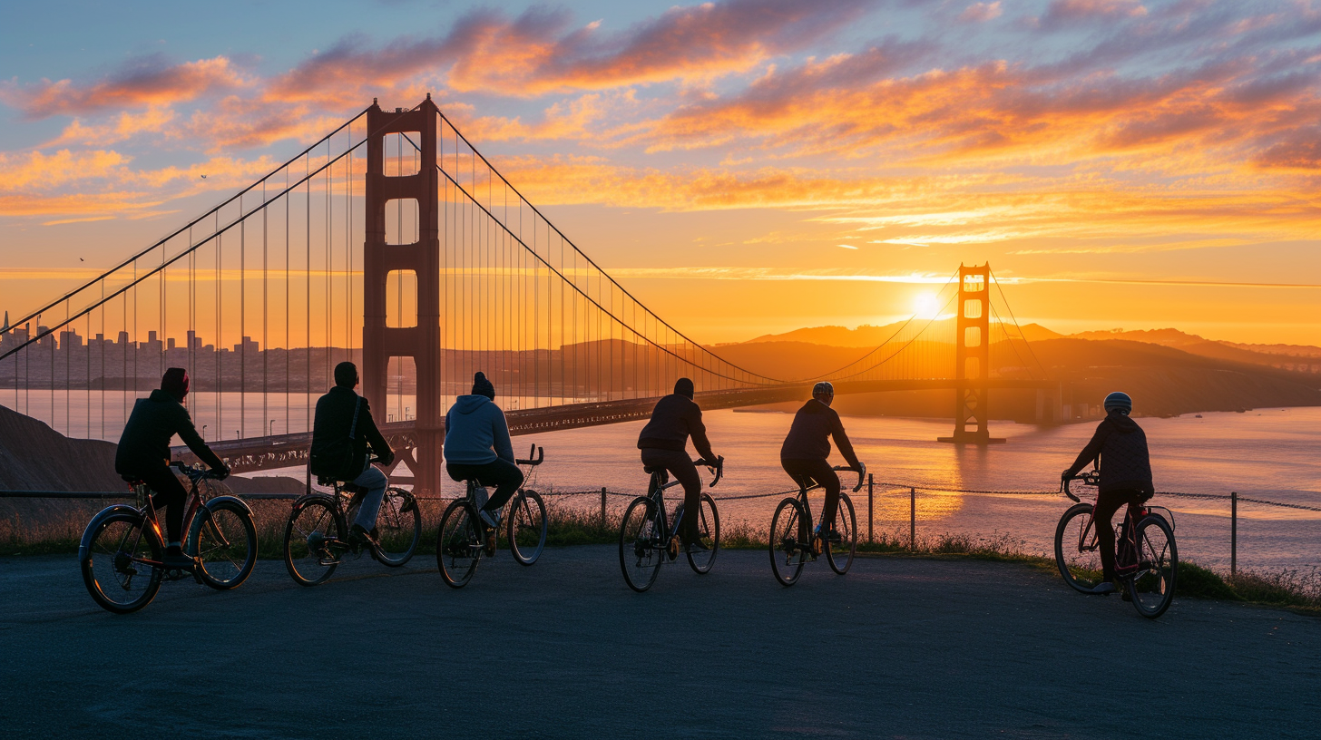 Early morning cyclists admiring the Golden Gate Bridge illuminated by sunrise, showcasing the iconic landmark's beauty and the active lifestyle of San Francisco residents.