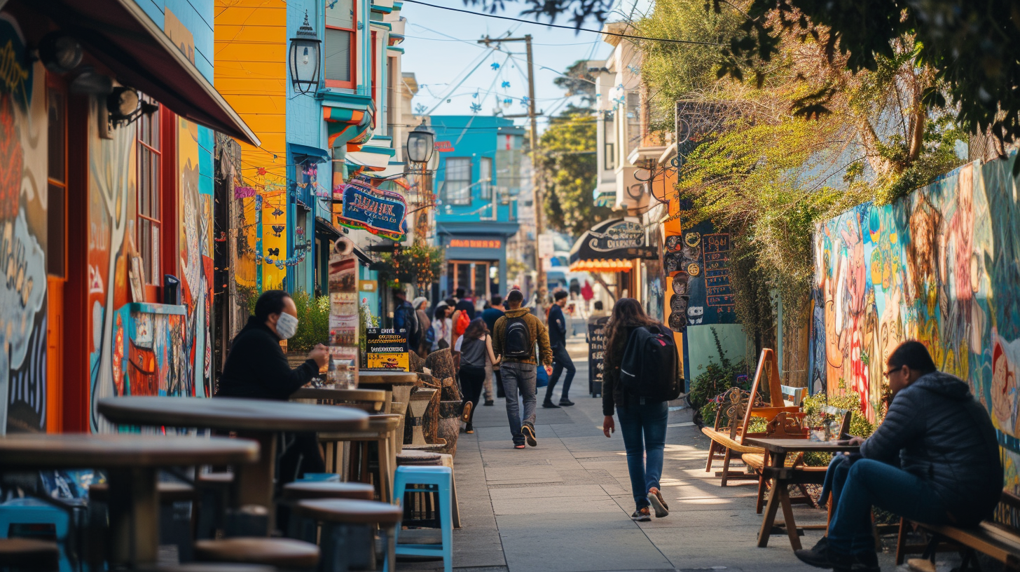 Explorers wandering through the Mission District, surrounded by the vivid street murals and lively atmosphere that epitomize San Francisco's diverse cultural fabric.