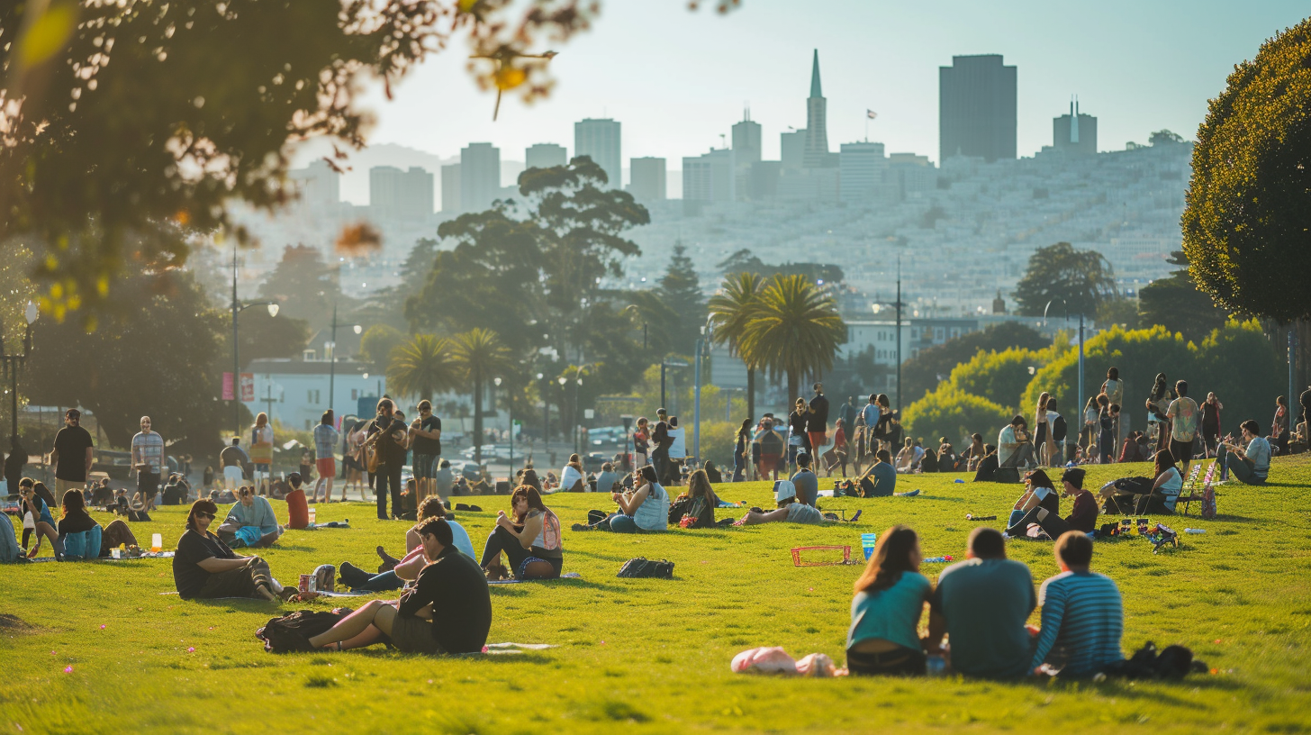 A vibrant gathering of San Francisco locals enjoying a leisurely afternoon in Dolores Park, with the city's skyline forming a picturesque backdrop.