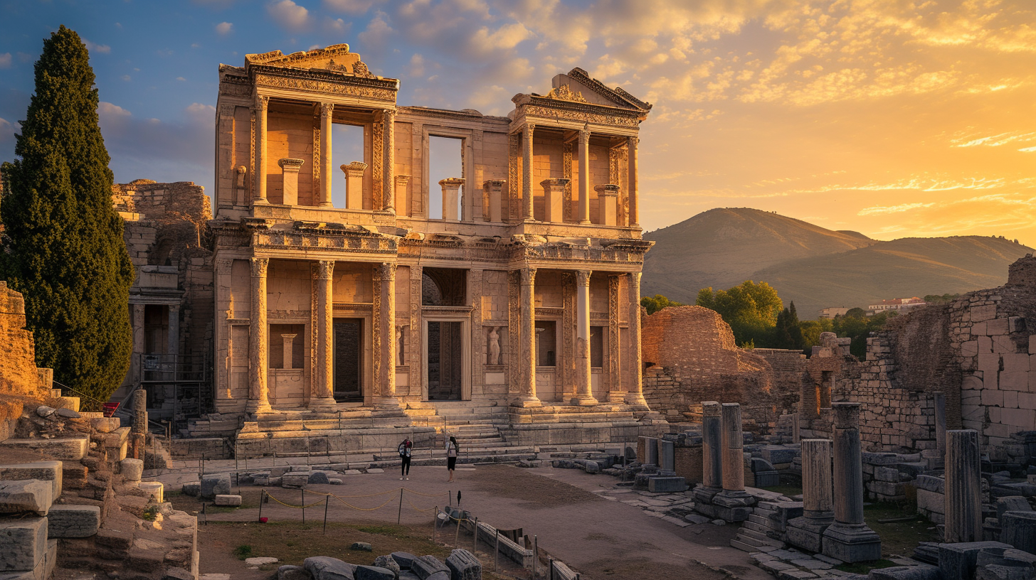 Early morning light bathes the Library of Celsus in Ephesus, highlighting the beauty of ancient architecture as visitors quietly engage with the site.