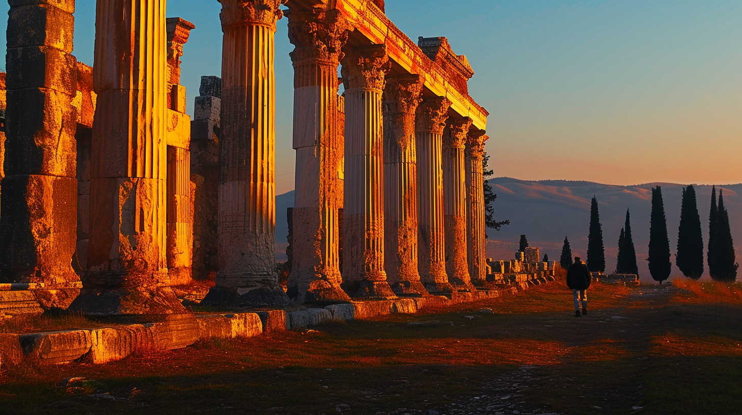 The lone columns of the Temple of Artemis stand against the twilight sky, evoking the site's mystical past as a figure contemplates its ancient splendor.
