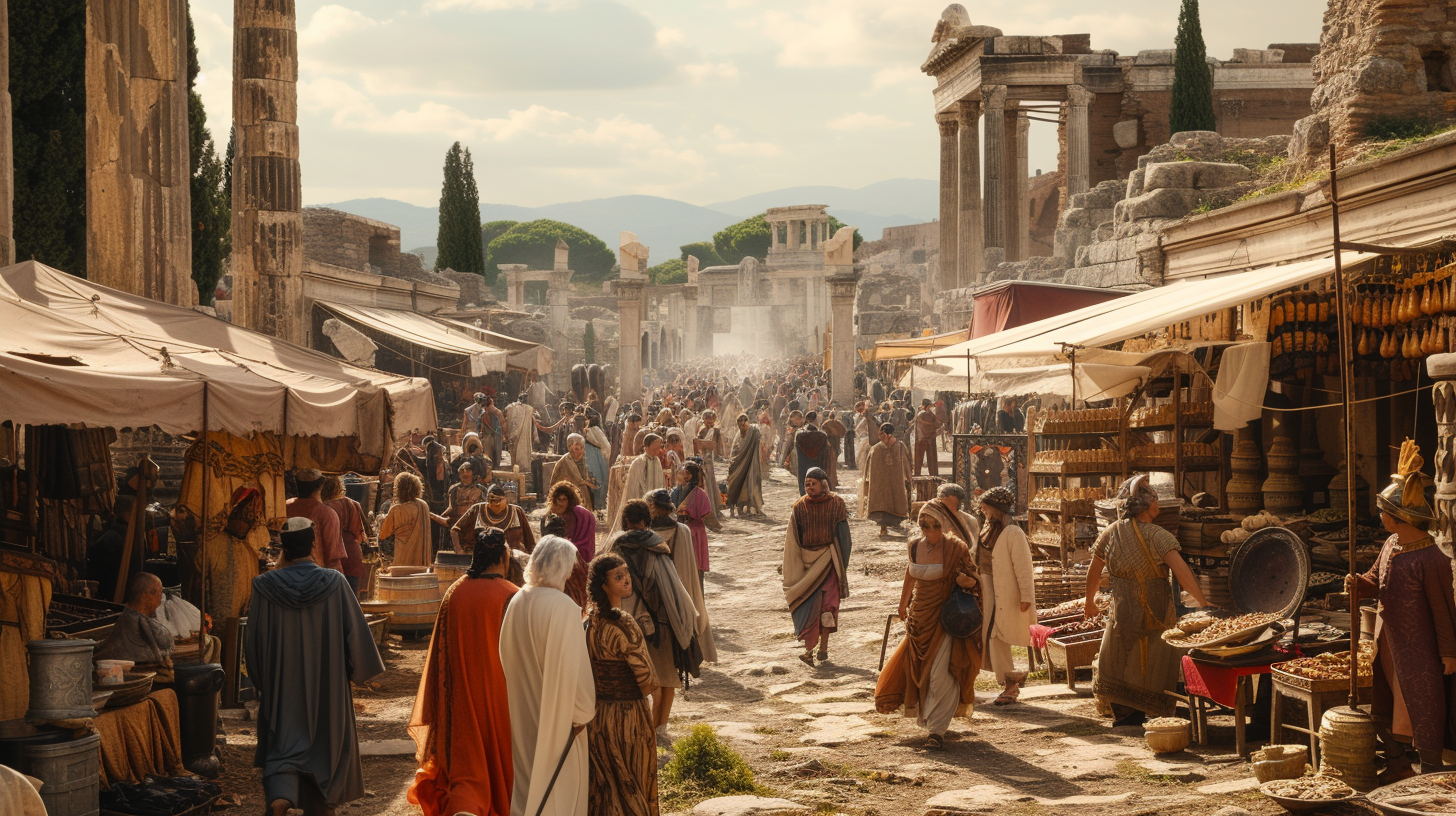 Actors in period attire recreate the vibrant life of Ephesus's Agora, offering a vivid snapshot of the ancient city's bustling marketplace.