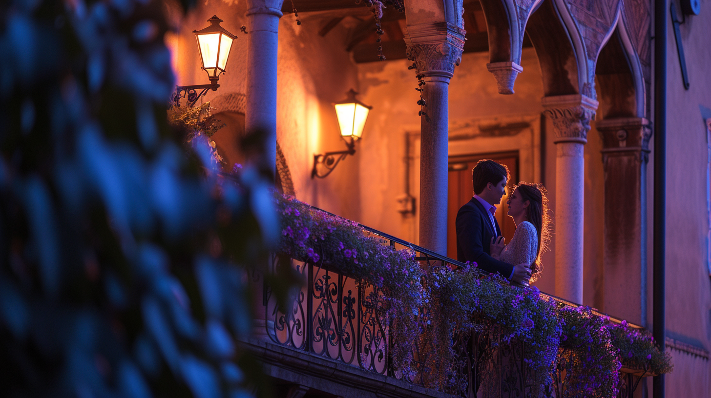 A couple shares a tender moment on Juliet's balcony under the twilight sky, embodying the timeless romance of Verona.