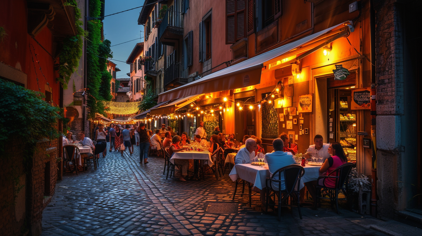 Diners enjoy an evening of culinary delight at a traditional trattoria in Verona, surrounded by the city's historic charm and the joy of shared meals.
