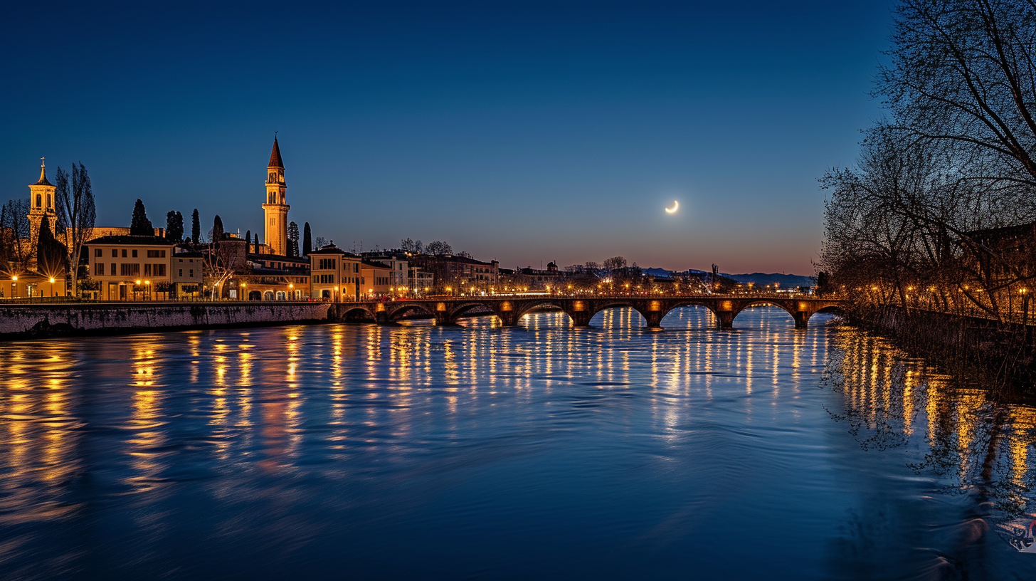 A peaceful night descends on Verona, with the moonlit Adige River reflecting the city's ancient bridges and the iconic silhouette of the Verona Arena.