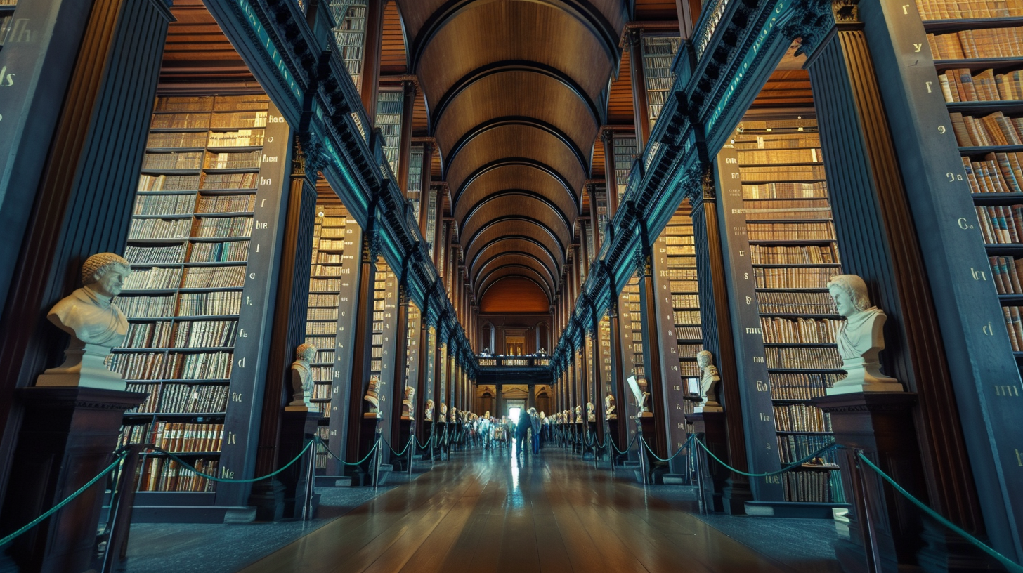 Visitors wander through the awe-inspiring Trinity College Library in Dublin, surrounded by centuries of literary history under the warm glow of natural light.