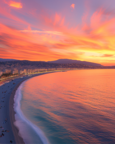 A panoramic view of Nice's Promenade des Anglais at sunset.