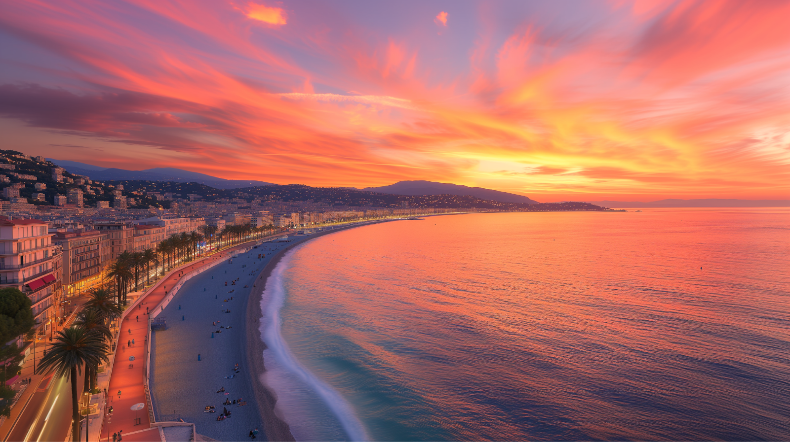 A panoramic view of Nice's Promenade des Anglais at sunset.