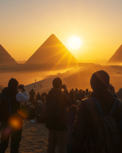 Travelers capturing the golden sunrise over the Pyramids of Giza, showcasing the ancient marvels in a breathtaking morning light.