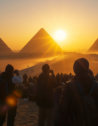 Travelers capturing the golden sunrise over the Pyramids of Giza, showcasing the ancient marvels in a breathtaking morning light.